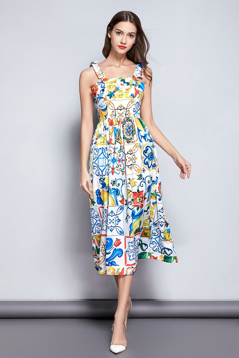 Dress Bow Spaghetti Strap Gorgeous Floral Print Midi Cotton Dress Mssaz Desses