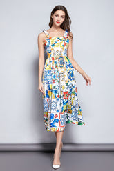 Dress Bow Spaghetti Strap Gorgeous Floral Print Midi Cotton Dress Mssaz Desses