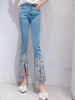 Bead Diamond High Waist Skinny 3d Flower Flared Pants Mssza