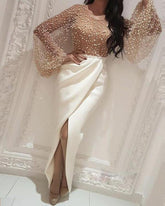 Beaded Embellished Mesh Patchwork Slit Dress Mssaz Desses