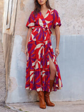 V-Neck Puff Sleeves Slit Printed Maxi Dress Mssaz Desses