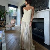 Beige Mesh Patchwork Spaghetti Strap Loose Stylish Maxi Dress Mssaz Desses