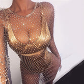 Bling Rhinestones Fishnet Mini Dress Long Sleeve Crystal Dress Mssaz Desses