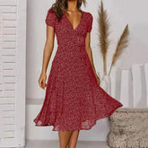 Bohemian Short Sleeve V Neck Tie Waist A-Line Vacation For Holiday Sun Midi Dress Mssaz Desses