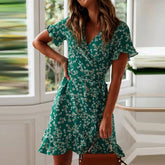 Boho Floral Print V Neck Short Sleeve A Line Chiffon Beach Vacation Mini Dress Mssaz Desses