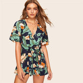 Boho Tropical Print Self Belted Wrap Romper Mssza