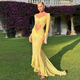 Spring Color Mesh See Through Low Cut Floor Tassel Long Sleeve Evening Maxi Dress Mssaz Desses