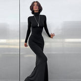 Simple High Collar Long Sleeve Basic Fishtail Prom Occasion Slim Streetwear Black Maxi Dress For Autumn Mssaz Desses