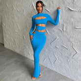 Autumn Winter Party Night Club Streetwear Cut Out Crop Top Long Skirt Sets Maxi Dress Mssaz Desses