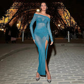 Neck Off Shoulder Mesh See Through High Slit Pullover Long Sleeve Beach Maxi Dress Clothes Mssaz Desses