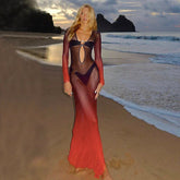New Gradient Mesh Deep Collar Hollow Long Sleeve Transparent Split Charming Maxi Dresses Mssaz Desses