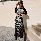 Gothic Skull Bones Skeleton Print O Neck Long Sleeve Split Casual Autumn Streetwear Maxi Dress Mssaz Desses