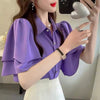 Camouflage Solid Color Ruffle Short Sleeve Chiffon Top Mssza