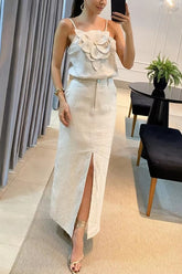Casual 3D Flower Hanging Strap Top Pocket Half Skirt Two Piece Set Mssza