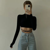 Elegant Backless Lace ups Pullover Tees O-neck Slim Long sleeve Short T-Shirt Mssza