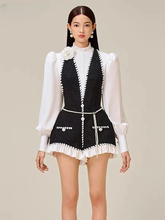 Casual Contrast Patchwork Stand Collar Long Sleeve Short Jumpsuit Mssza