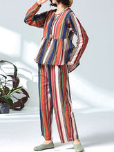 Casual Cotton Linen Striped Tops And Pants Set Mssza
