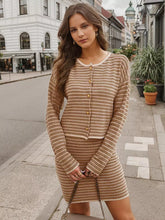 Casual Crew Neck Cardigan And Midi Skirt Striped Knitted Two Piece Set Mssza