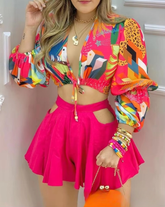 Casual Deep V-Neck Printed Lantern Sleeve Top and Waist Hollowed Out Shorts Two-Piece Set Mssza