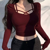 Casual O-Neck Long Sleeves Hollow Out Low Chest Top Mssza