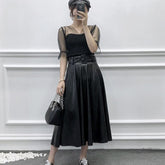 Casual Faux Leather PU Midi Skirt With Belt Mssza