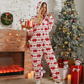 Casual Geometric Long-sleeved Christmas Printing Plush Hooded Jumpsuits Mssza