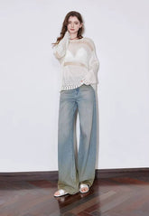 Casual Hollow Out Linen Lazy Style Long Sleeve Knitted Loose Top Mssza