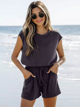 Casual Jewel Neck Open Shoulder Short Sleeve Backless Drawstring Jumpsuits & Romper Mssza