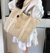 Casual Large Capacity Woven Straw Zipper Woven Shoulder Tote Bag Mssza