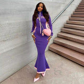 Casual Letter Print Zip Long Sleeve Tops and Maxi Skirts 2 Piece Sets Mssza