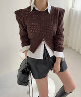 Casual Long Sleeve Crochet Knit Hollow Out Crop Top Shrug Sweater Mssza