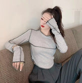 Casual Long Sleeve O-neck Skinny All-match Design Tops Mssza