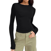 Casual Long Sleeve Round Neck Tight Slim Fitting Cropped T Shirt Mssza