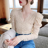 Casual Long Sleeve V Neck Lace Blouse Mssza