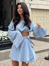 Casual Loose Printed Long Sleeve Crop Top With High Waist Mini Skirt 2 Piece Set Mssza