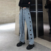 Casual Love Heart Straight Leg Loose High Waist Jeans Mssza