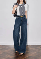Casual Mid Waist High Street Wide Leg Full Length Straight Pants Mssza