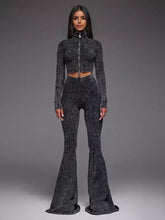 Casual Neck Zip-Up Crop Top And Flare Pants Two-Piece Set Mssza