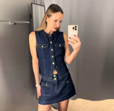 Casual O-neck Single Breasted Top Vest High Waist Mini Skirts 2 Pieces Sets Mssza
