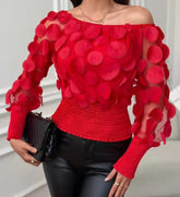 CasualOff Shoulder Floral Pattern Shirred Sheer Mesh Patch Top Mssza