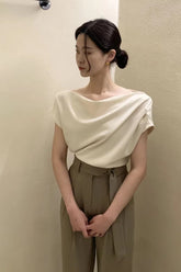 Casual Off Shoulder Short Sleeve Pleated Chiffon Top Blouse Mssza
