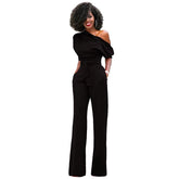 Casual One Shoulder Slash Neck Button Full Length Wide Legs Jumpsuit Mssza