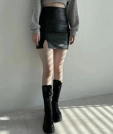 Casual PU Leather Skinny High Waist Side Split Hip Mini Skirt Mssza