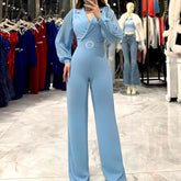 Casual Patchwork Long Sleeved Solid Color Lapel High Waist Straight Office Lady Jumpsuits Mssza