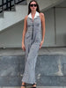 Casual Plaid Printed Contrast Color Lapel Halter Zip-up Straight Jumpsuits Mssza