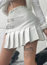 Casual Pu Leather Mini Pleated Zipper Rivet Side Slit Loose Short Skirt Mssza