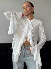Casual Ruffled Blouse With Bell Sleeve Crew Neck Tops Mssza