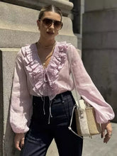 Casual Ruffled Lace up Lantern Long Sleeve V-neck Blouse Resort Wear Mssza