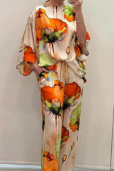 Casual Satin Round Neck Long Sleeve Floral Print Pant And Top Two Piece Set Mssza