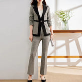 Casual Sequin Plaid Flare pant Full Sleeve Blazers Jacket Matching Two Piece Pants Suit Mssza